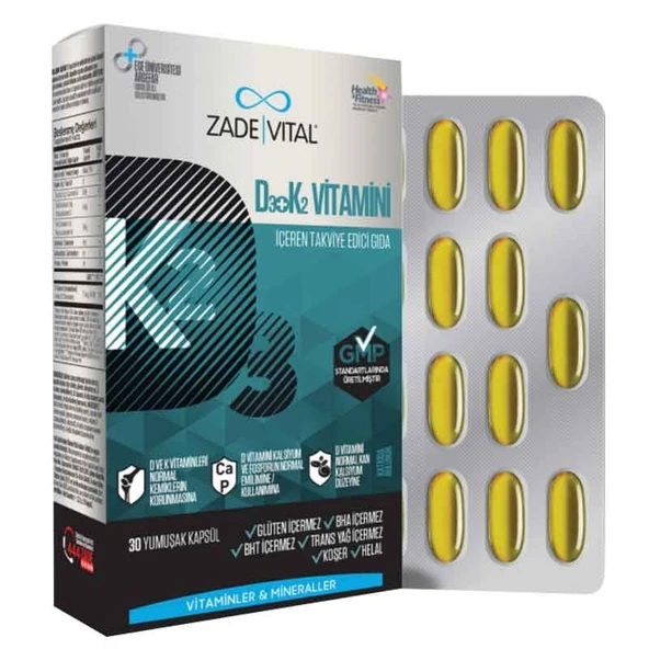 Zade Vital D3 + K2 Vitamini İçeren Takviye Edici Gıda 30 Yumuşak Kapsül ürün görseli