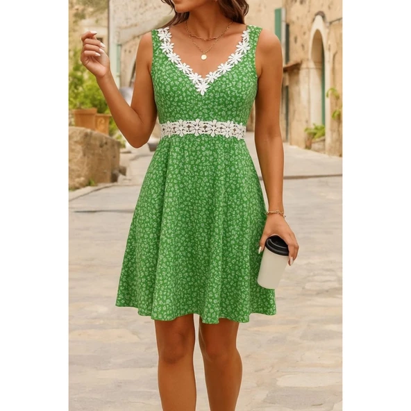 Lucky Life Kadın Askılı Dantel Yakalı çiçek Desenli Süprem Elbise