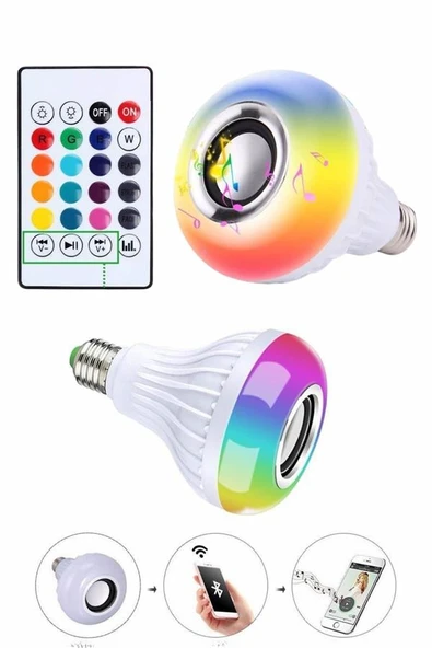 Kumandalı RGB Led Işık Bluetooth Hoparlör Ses Lambası Renkli Ampul - 4