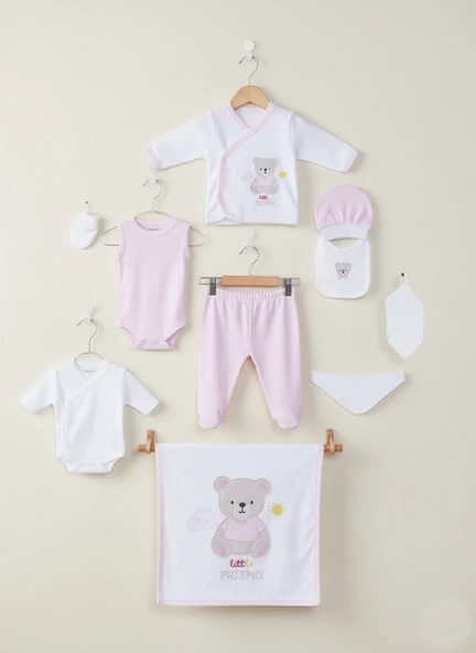 Yenidoğan, Bebek 10'lu Hastane Çıkışı, Zıbın Seti, %100 Pamuk, Ayı Nakışlı Hediyelik Set ürün görseli 1