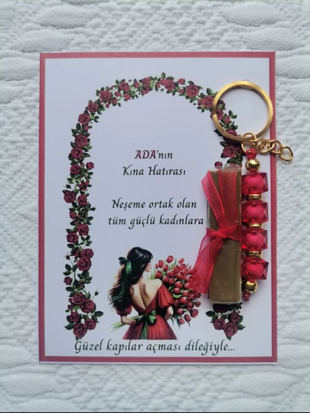 32 Adet Kişiye Özel Kına Hatırası Dağıtmalık Hediyelik Kırmızı Anahtarlık ve Paketlenmiş Kına ürün görseli