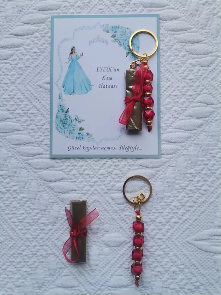 32 Adet Kişiye Özel Kına Hatırası Dağıtmalık Hediyelik Kırmızı Anahtarlık ve Paketlenmiş Kına - Resim 5