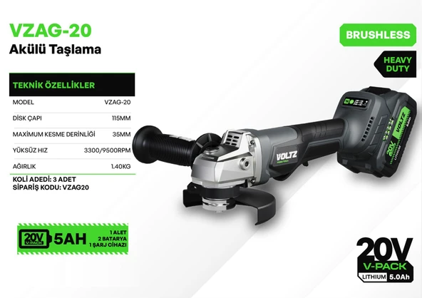 VOLTZ - 115mm - 20 Volt 5 Amper Akülü Avuç Taşlama Makinası Kömürsüz Motor (VZAG-20) - 2