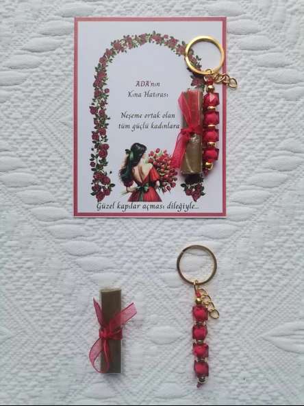 100 Adet Kişiye Özel Kına Hatırası Dağıtmalık Hediyelik Kırmızı Anahtarlık ve Paketlenmiş Kına - Resim 5