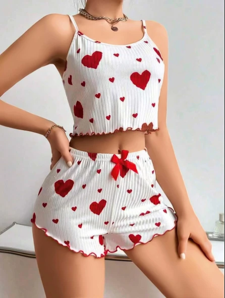 Litae Pamuklu Beyaz Üstüne Kırmızı Kalp Desenli Askılı Şortlu Pijama Takımı ürün görseli 1