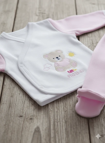 Yenidoğan, Bebek 10'lu Hastane Çıkışı, Zıbın Seti, %100 Pamuk, Ayı Nakışlı Hediyelik Set - Resim 5