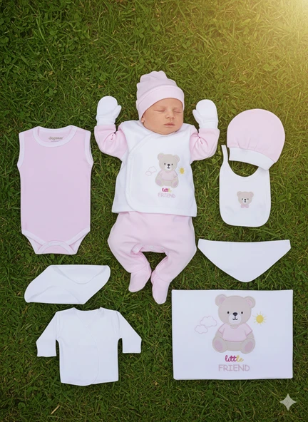 Yenidoğan, Bebek 10'lu Hastane Çıkışı, Zıbın Seti, %100 Pamuk, Ayı Nakışlı Hediyelik Set - Resim 2