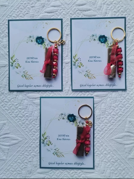 32 Adet Kişiye Özel Kına Hatırası Dağıtmalık Hediyelik Kırmızı Anahtarlık ve Paketlenmiş Kına - Resim 2