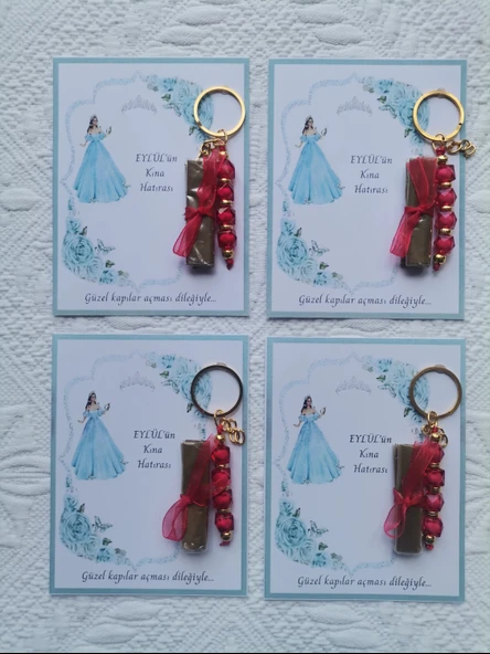 64 Adet Kişiye Özel Kına Hatırası Dağıtmalık Hediyelik Kırmızı Anahtarlık ve Paketlenmiş Kına - Resim 3