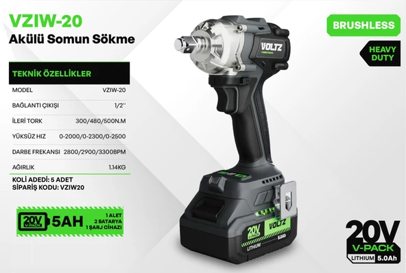 VOLTZ - 500 Nm - 1/2 - 20 Volt 5 Amper Akülü Somun Sökme Sıkma Makine Seti  (VZIW-20) - 2