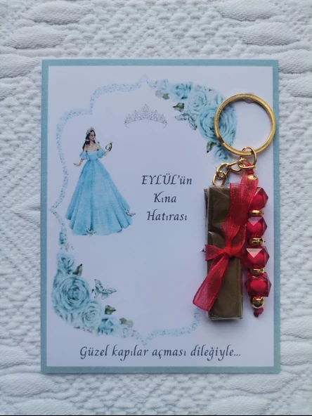 32 Adet Kişiye Özel Kına Hatırası Dağıtmalık Hediyelik Kırmızı Anahtarlık ve Paketlenmiş Kına ürün görseli