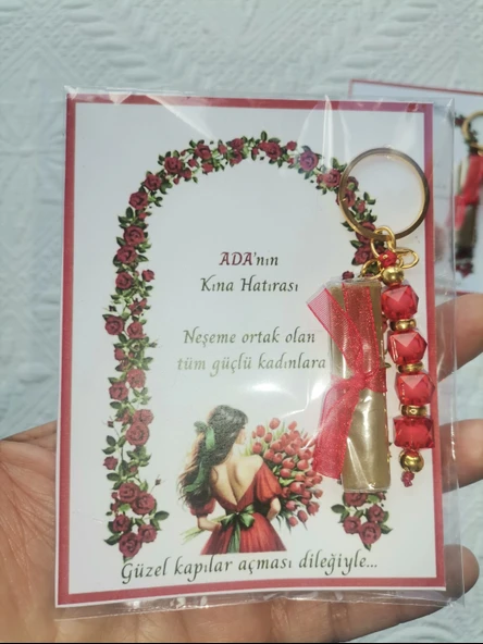 100 Adet Kişiye Özel Kına Hatırası Dağıtmalık Hediyelik Kırmızı Anahtarlık ve Paketlenmiş Kına - Resim 6