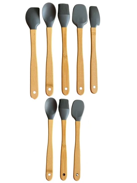 Mucit Home GRİ 8'li Bambu Saplı Silikon Uçlu Spatula Fırçalı Kaşık Seti ürün görseli