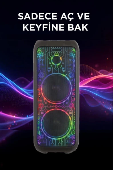 D64 Siyah RGB Ledli Dahili Kablosuz Mikrofon Kumandalı Radyolu Bluetooth Hoparlör Speaker - 2