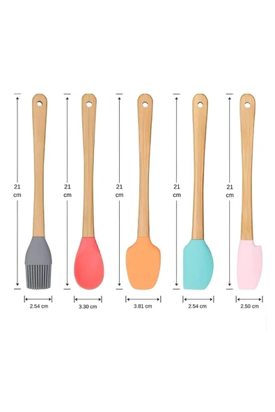 Mucit Home 5'li Renkli Bambu Saplı Silikon Uçlu Spatula Fırçalı Kaşık Seti - Resim 2