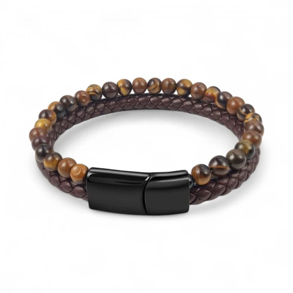 Kaplan Gözü Doğaltaş Deri Erkek Bileklik 31832B7D8 ürün görseli 1