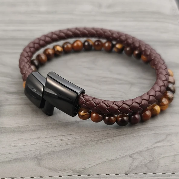 Kaplan Gözü Doğaltaş Deri Erkek Bileklik 31832B7D8 - Resim 3