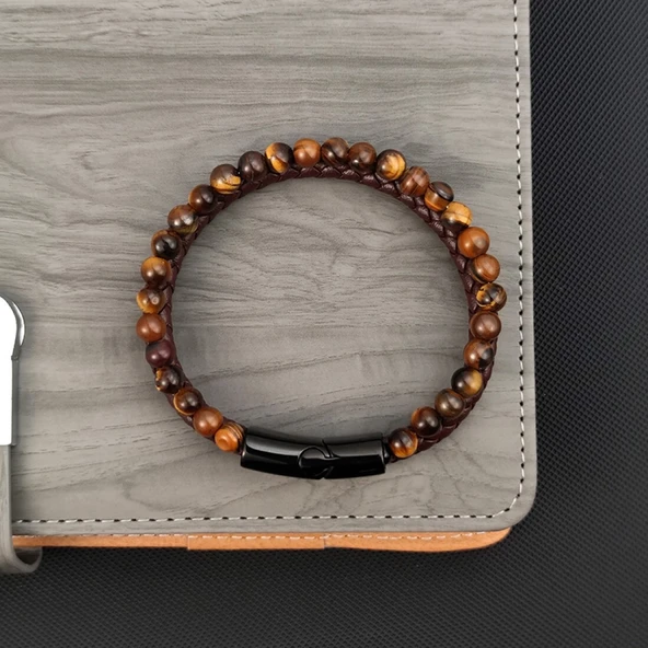 Kaplan Gözü Doğaltaş Deri Erkek Bileklik 31832B7D8 - Resim 5