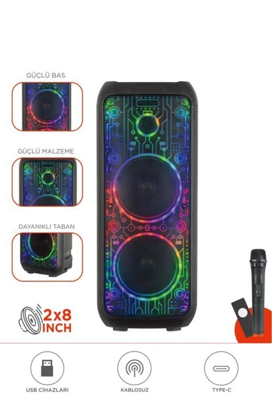 D64 Siyah RGB Ledli Dahili Kablosuz Mikrofon Kumandalı Radyolu Bluetooth Hoparlör Speaker