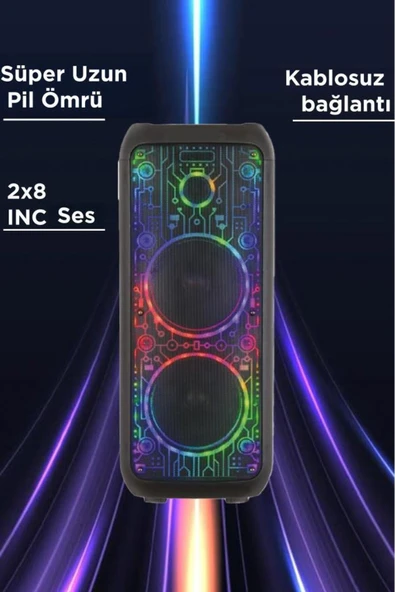 D64 Siyah RGB Ledli Dahili Kablosuz Mikrofon Kumandalı Radyolu Bluetooth Hoparlör Speaker - 3