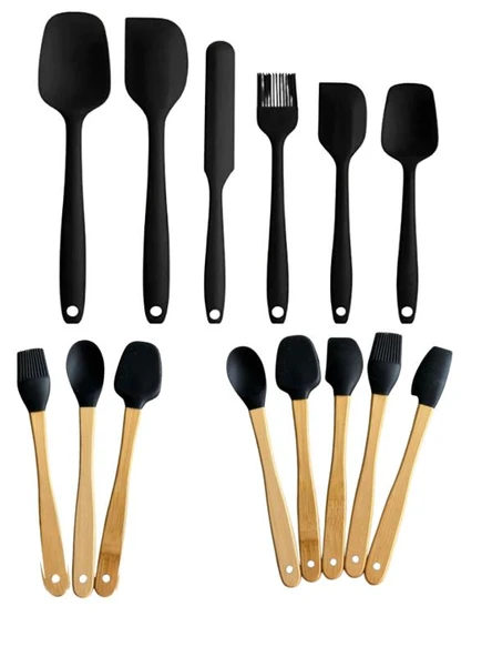 Mucit Home Siyah 14 Parça Silikon Ve Bambu Saplı Silikon Uçlu Spatula Fırçalı Kaşık Seti ürün görseli