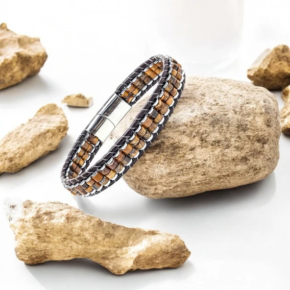 Kaplan Gözü & Hematit Çelik Örgülü Deri Bileklik 31832B22D1 - Resim 2