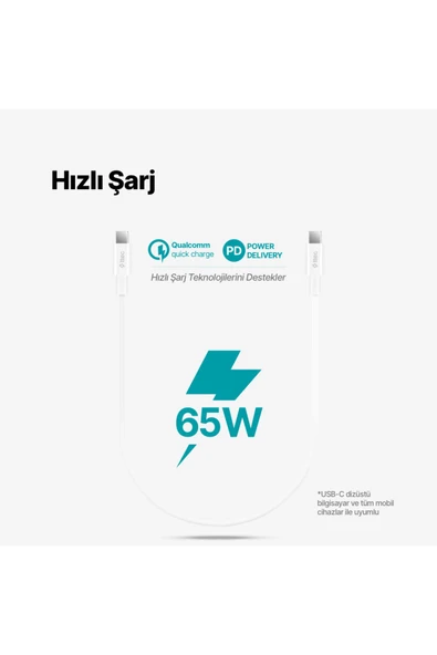 Usb-c - Usb-c 30cm 65w Pd/qc Hızlı Şarj/data Kablosu Beyaz Beyaz ürün görseli