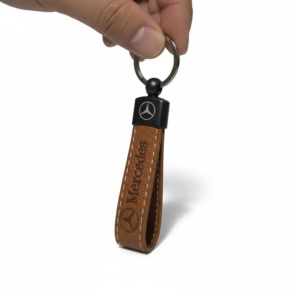 Mercedes Yazılı Ve Logolu Anahtarlık (KAHVERENGİ ) TERMO DERİ - Resim 4