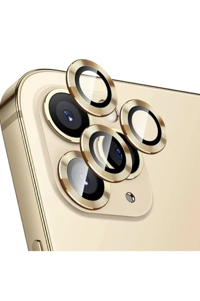 Iphone 11 Pro Uyumlu  Kamera Koruyucu Lens Mercek Metal Çerçeveli 3lü Set Gold Altın ürün görseli