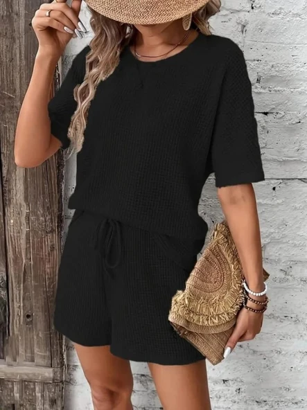 Kadın Kısa Kollu Bisiklet Yaka Alt Ve üst Waffle Ikili Takım ürün görseli