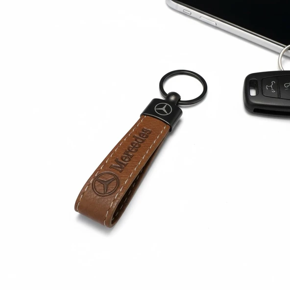 Mercedes Yazılı Ve Logolu Anahtarlık (KAHVERENGİ ) TERMO DERİ - Resim 2