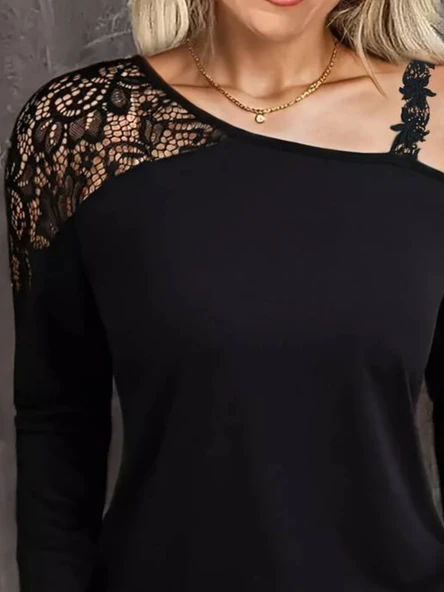 Kadın Tek Omuzu Açık Askılı Dantelli Viskon Bluz - 2