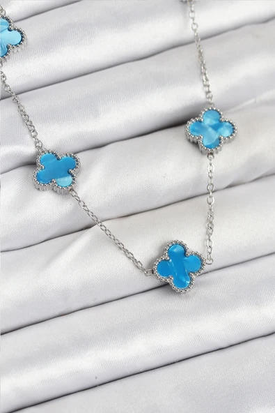 Zincir Gümüş Buz Mavisi Renk Yonca Kadın Kolye - EBJ250920W37847 ürün görseli