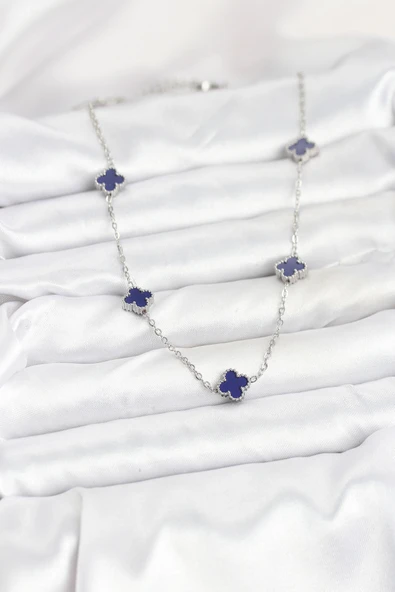 Zincir Gümüş Renk Lacivert Baby Boy Yonca Kadın Kolye - EBJ250920W37839 - Resim 2