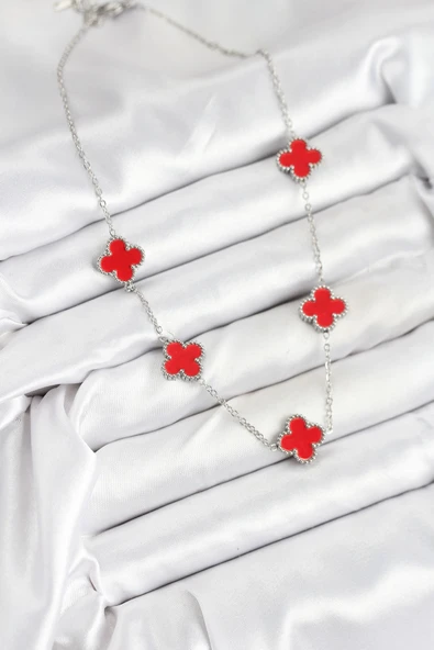 Zincir Gümüş Kırmızı Renk Yonca Kadın Kolye - EBJ250920W37851 - Resim 2