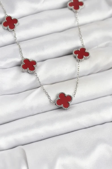 Zincir Gümüş Renk Bordo Renk Yonca Kadın Kolye - EBJ250920W37834 ürün görseli