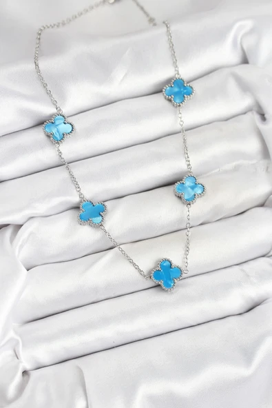 Zincir Gümüş Buz Mavisi Renk Yonca Kadın Kolye - EBJ250920W37847 - Resim 2