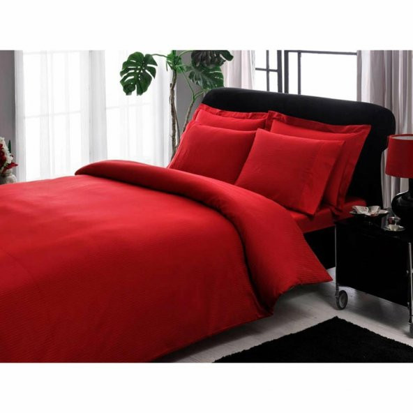 Taç Stripe Saten King Size Nevresim Takımı Kırmızı