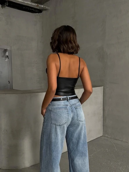 BİÇOMİ İp askılı yandan fermuarlı rastale deri crop siyah s24113 - Resim 5