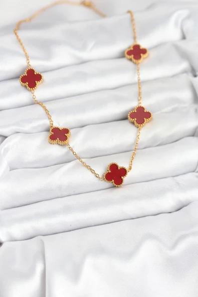 Gold Renk Zincir Bordo Yonca Kadın Kolye - EBJ250920W37830 - Resim 2