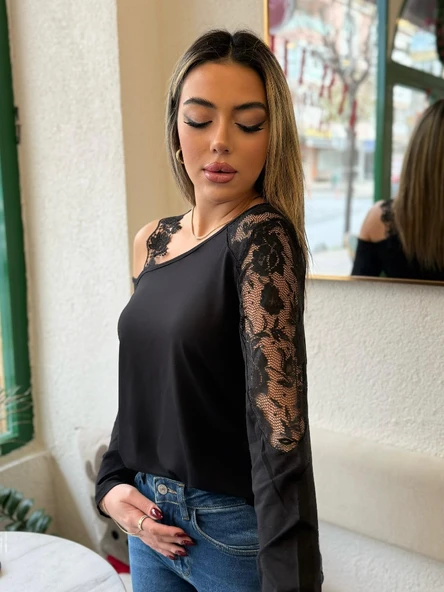 Kadın Tek Omuzu Açık Askılı Dantelli Viskon Bluz - 6