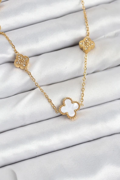 Zincir Gold Renk Beyaz ve Zirkon Taşlı Yonca Kadın Kolye - EBJ250920W37855 ürün görseli