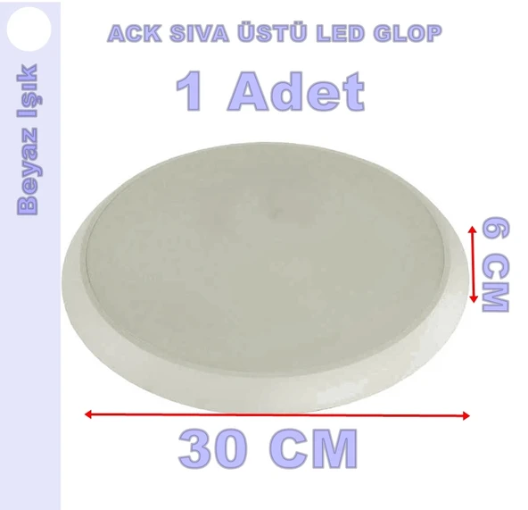 ACK Yuvarlak Slim Sıva Üstü 18w Led Glop BEYAZ 6500K 1800lm 220v 18 Watt (S. Ü. Ledli Glop) - Resim 2