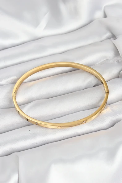 Gold Renk Zirkon Taşlı 65 mm İnce Kadın Kelepçe Bileklik - EBJ250920W37820 - Resim 2