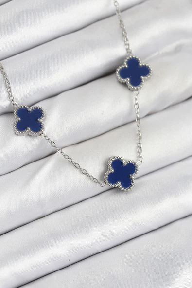Zincir Gümüş Lacivert Renk Yonca Kadın Kolye - EBJ250920W37852 ürün görseli