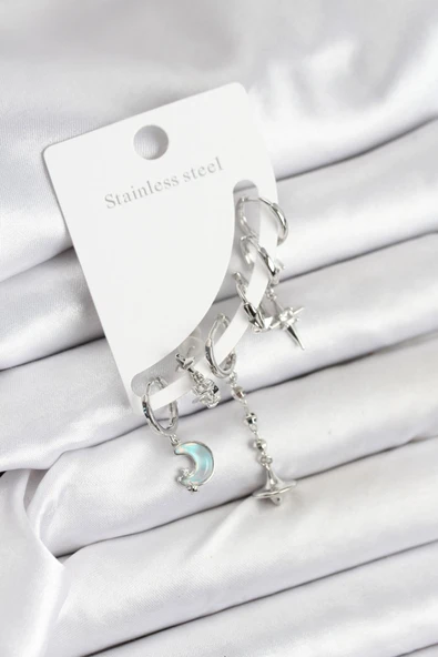 Pirinç Gümüş Renk Ay Model Kadın Set Küpe - EBJ250920W37800 ürün görseli