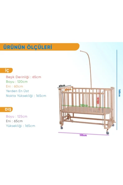 TURHAN BEBE Ahşap Beşik Anne Yanı Beşik Sallanır Beşik Organik 60x120 Yıldız Uyku Seti Yatak Tekerlekli - 4