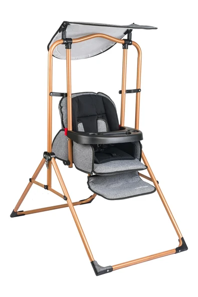 TURHAN BEBE Tam Yatarlı Tenteli Mama Tablalı Keten Kumaş Ev Tipi Gold Salıncaklı & Mama Sandalyesi