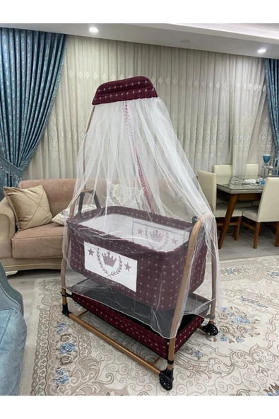 TURHAN BEBE Keten Kumaş Portatif Tekerlekli Anne Yanı Cibinlikli Hamak Sepet Beşik Yatak Hediye - 5