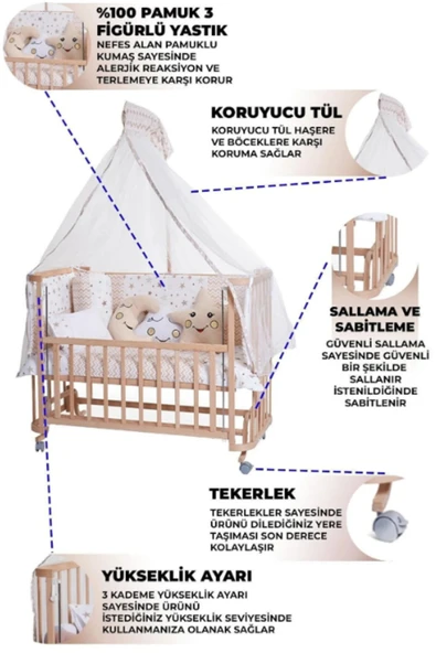TURHAN BEBE Ahşap Beşik Anne Yanı Beşik Sallanır Beşik Organik 60x120 Yıldız Uyku Seti Yatak Tekerlekli - 2
